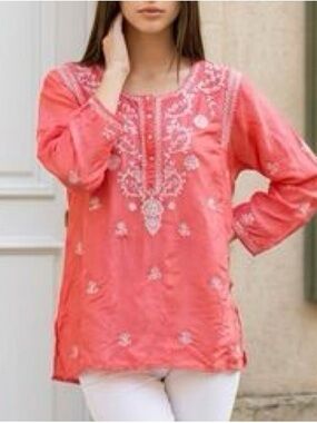 Calypso St. Barth Jeweled Tunic Coral Embroidered Embellish Rhinestone 100% SILK